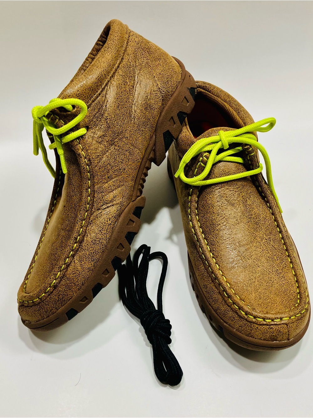 Ferrini Brown Leather Moccasins Laces -Lime Green & Mocha W Sz 8.5B New in Box